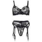 SUBBLIME - 3-TEILIGES SET BH + STRING + STRUMPFBAND BLUMENPRINT SCHWARZ S/M