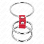 KINK - ANILLO TRIPLE DE METAL PARA EL PENE DE 3,7 CM A 5 CM COMBINADO CON CUERO ROJO