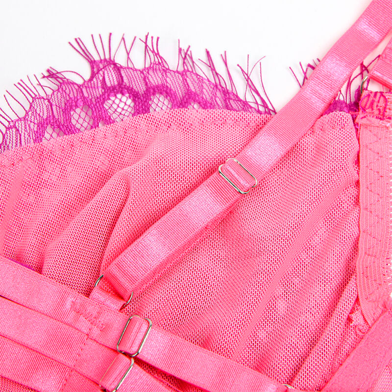 SUBBLIME - 955366 BH-SET MIT SPITZE UND STRUMPFBAND ROSA UND LILA L/XL