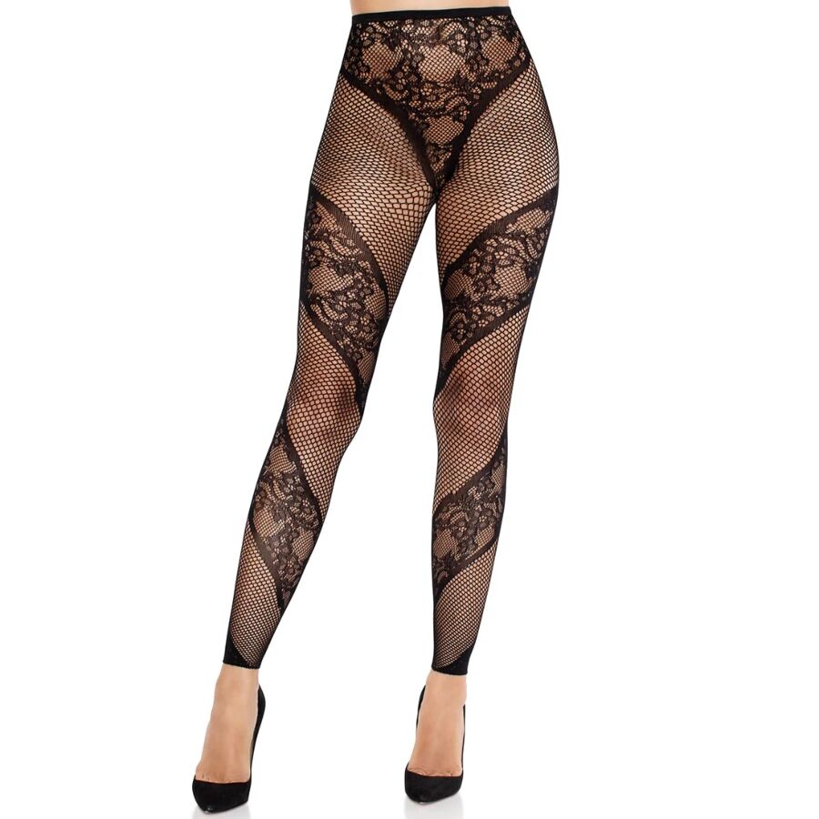 LEG AVENUE - STRUMPFHOSE OHNE FUSS AUS SPITZE UND TRANSPARENZ SCHWARZ