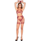 LEG AVENUE - 89362 TOP + STRING + STRUMPFGÜRTEL + HANDSCHELLEN SET SCHWARZ - EINE GRÖSSE